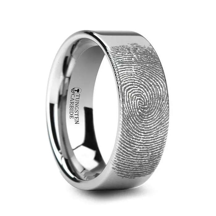 Fingerprint Engraved Flat Pipe Cut Tungsten Ring Polished – Spartan – 4mm – 12mm