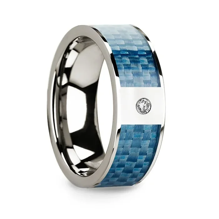 Flat 14k White Gold Ring with Blue Carbon Fiber Inlay & White Diamond Setting – 8mm
