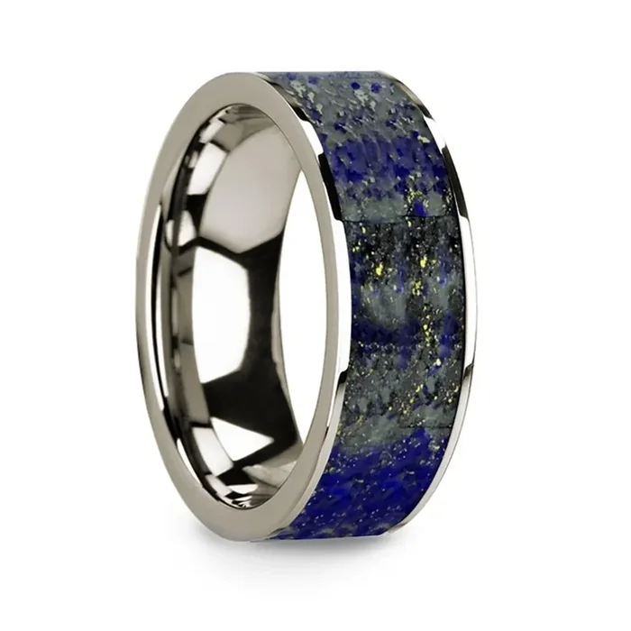 Flat 14k White Gold Ring with Blue Lapis Lazuli Inlay and Polished Edges – 8mm