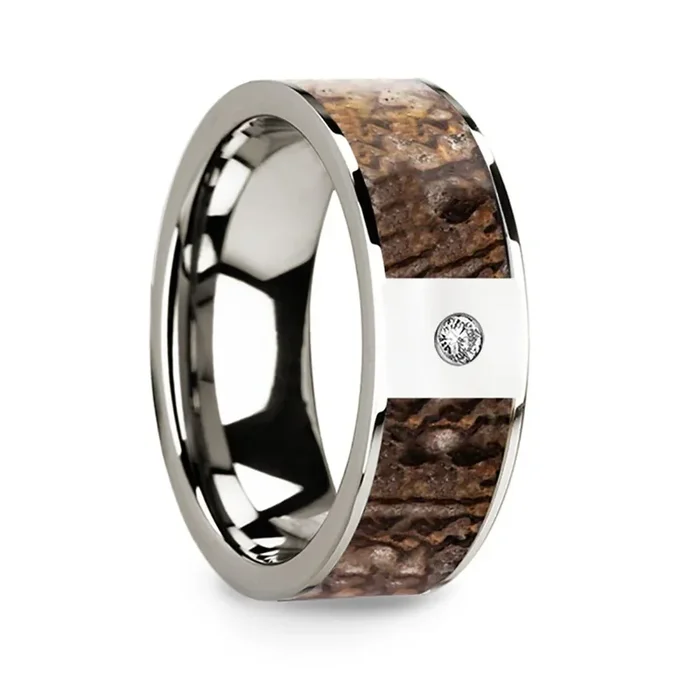 Flat 14k White Gold Ring with Brown Dinosaur Inlay & White Diamond Setting – 8mm