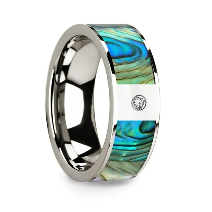 Flat 14k White Gold Ring with Mother of Pearl Inlay & White Diamond Setting – 8mm