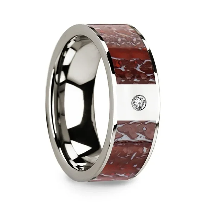 Flat 14k White Gold Ring with Red Dinosaur Bone Inlay & White Diamond Setting – 8mm