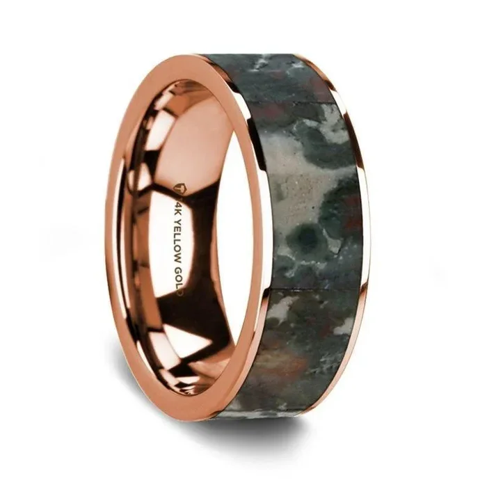 Flat Polished 14K Rose Gold Wedding Ring with Coprolite Fossil Inlay – 8 mm