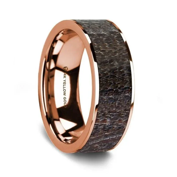 Flat Polished 14K Rose Gold Wedding Ring with Dark Deer Antler Inlay – 8 mm
