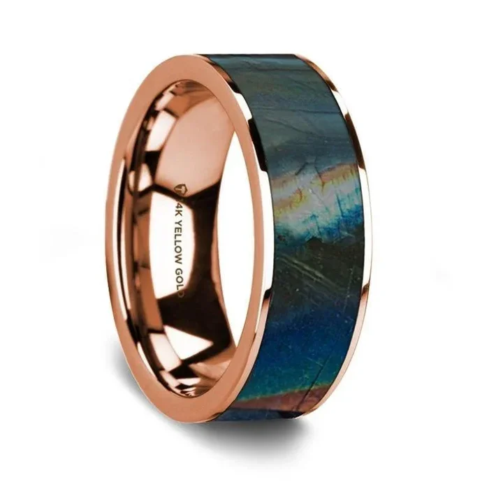 Flat Polished 14K Rose Gold Wedding Ring with Spectrolite Inlay – 8 mm