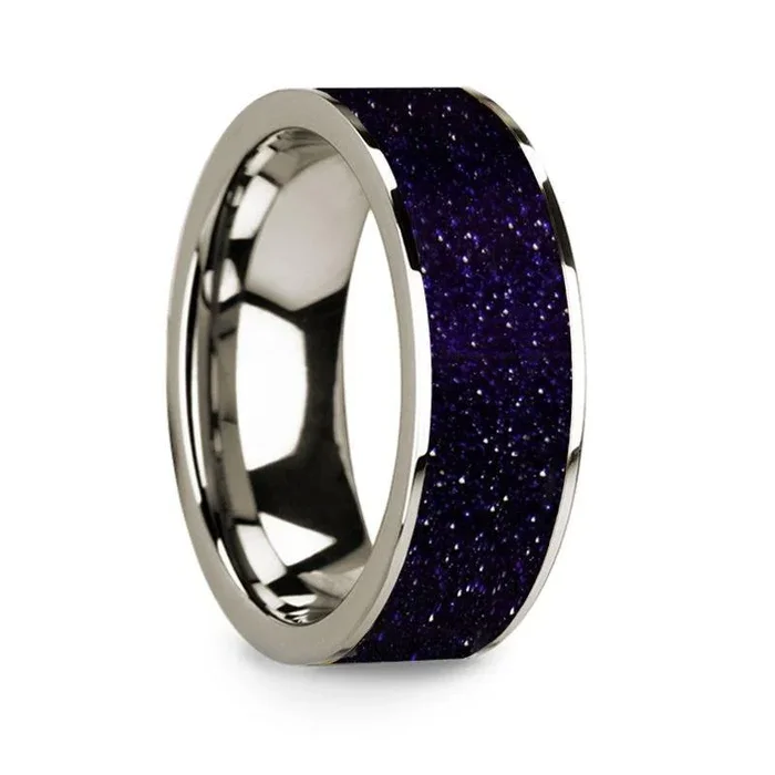 Flat Polished 14k White Gold Wedding Ring with Purple Goldstone Inlay – 8 mm