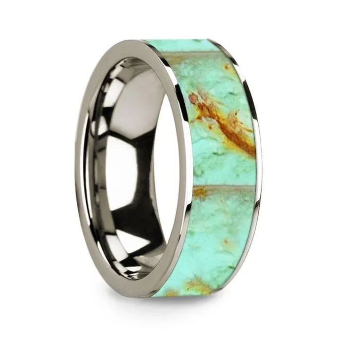 Flat Polished 14k White Gold Wedding Ring with Turquoise Inlay – 8 mm