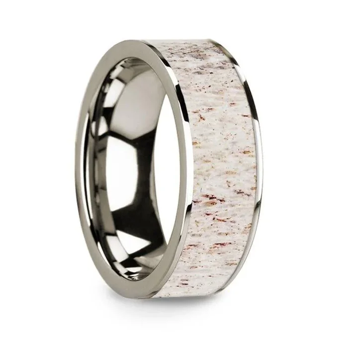Flat Polished 14k White Gold Wedding Ring with White Deer Antler Inlay – 8 mm
