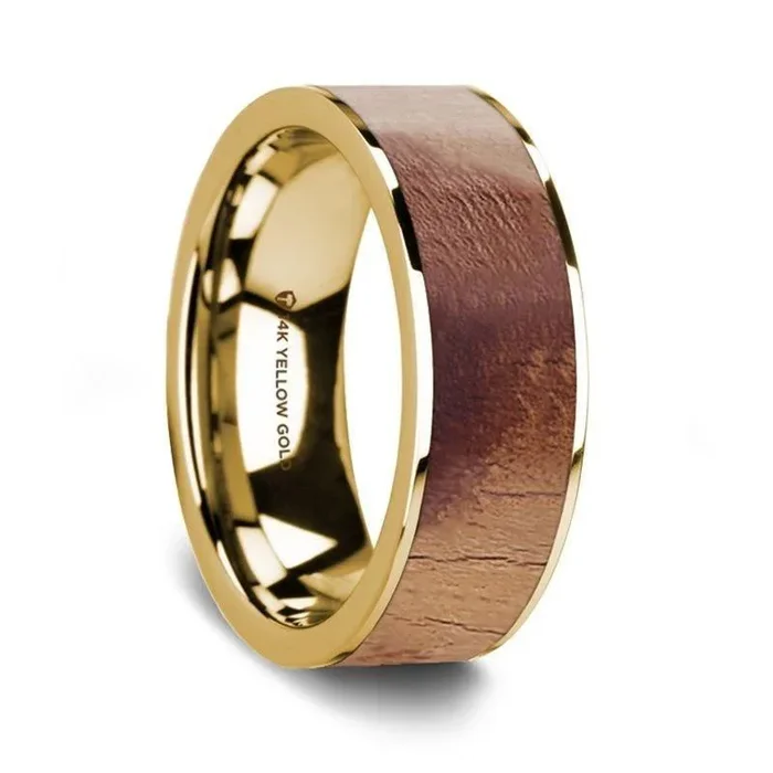 Flat Polished 14K Yellow Gold Men’s Wedding Band with Olive Wood Inlay – 8 mm