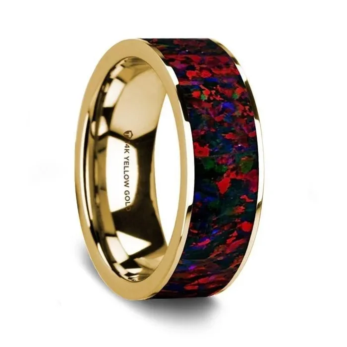 Flat Polished 14K Yellow Gold Wedding Ring with Black and Red Opal Inlay – 8 mm