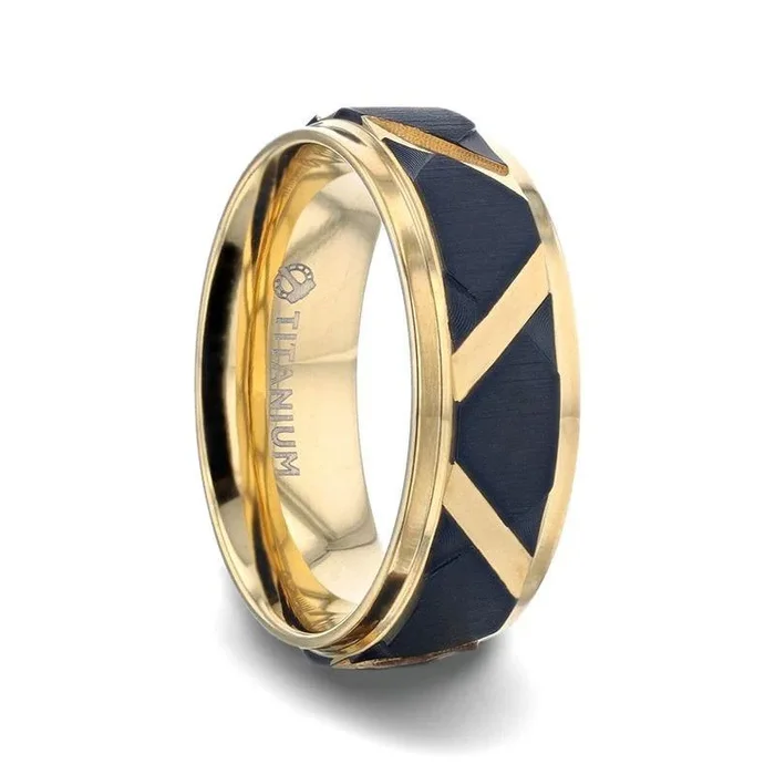 FLEMING Yellow Gold Polished Step Edged Titanium Men’s Wedding Band With Matte Black Raised Horizontal Etches and Diagonal-Shape Cut Inlay – 8mm