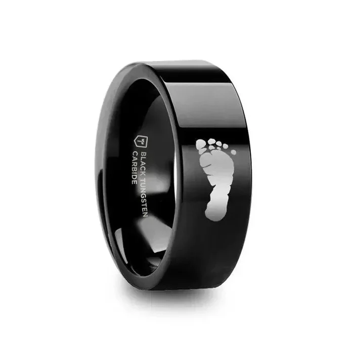 Footprint Engraved Flat Pipe Cut Black Tungsten Ring Polished – 4mm – 12mm