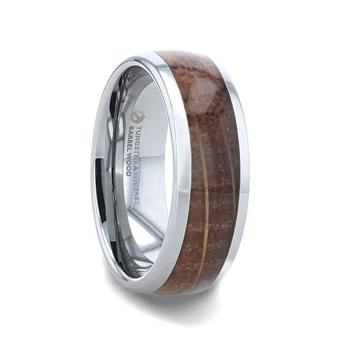 FORMENT Whiskey Barrel Inlaid Tungsten Men’s Wedding Band With Domed Polished Edges Made From Genuine Whiskey Barrels – 8mm