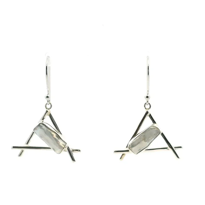 Freshwater Pearl Dangle Earrings – Biwa Pearl Bezel Set in 925 Sterling Silver Open Stick Triangle Design