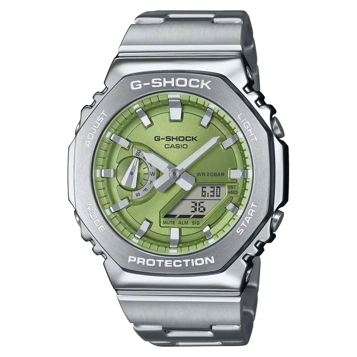 G-Shock 2100 Series Mens Watch with Lime Green Dial and Stainless Steel Bracelet (solar movement)
