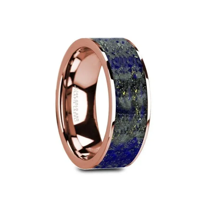 GALEN Flat 14K Rose Gold Ring with Blue Lapis Lazuli Inlay and Polished Edges – 8mm