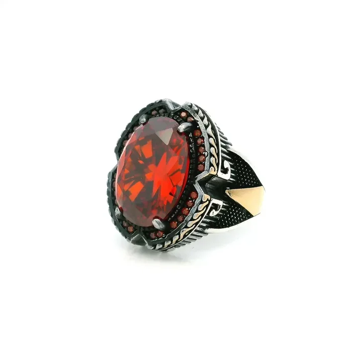 Garnet Ring – Faceted Oval with Pave Red CZs & Triangular Notches Prong Set in 925 Sterling Silver with Gold Vermeil Rope Accent sz10.5