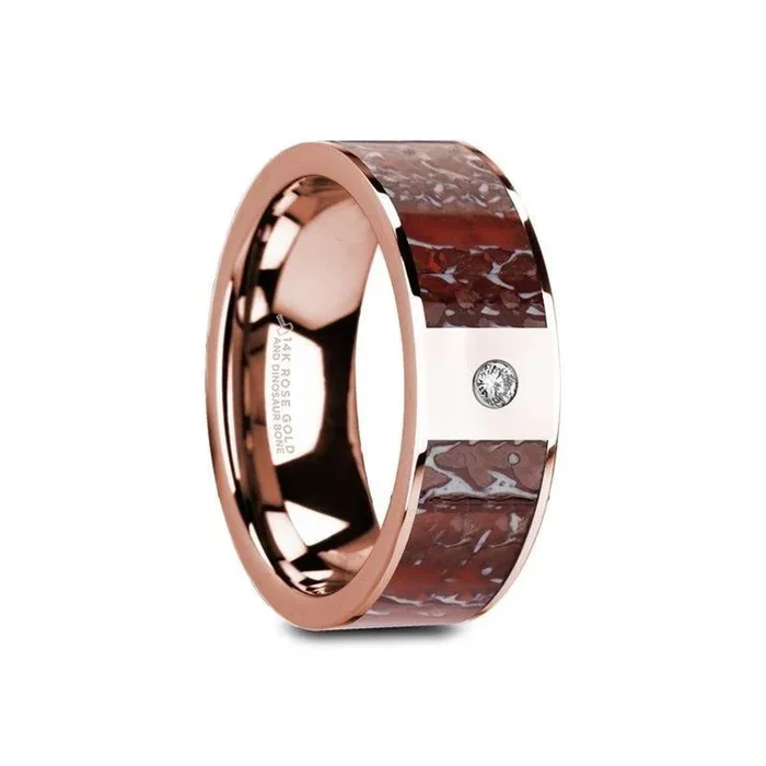 GRUEV Flat 14K Rose Gold Ring with Red Dinosaur Bone Inlay & White Diamond Setting – 8mm