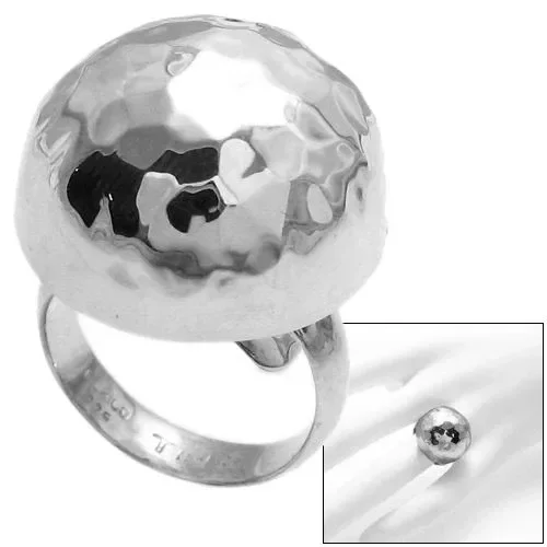 Hammered Finish Round Button Ring in Sterling Silver.