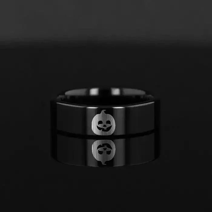 Happy Jack-O-Lantern Engraved Flat Polished Black Tungsten Ring (Morpheus) – 4mm – 12mm