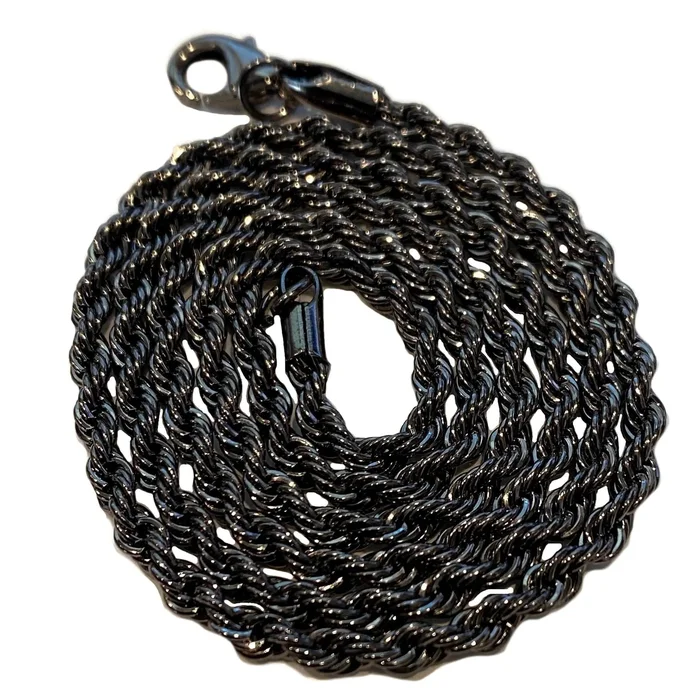 Hematite Black Finish Rope Necklace Twisted Hip Hop Chain 3MM 20″-24″