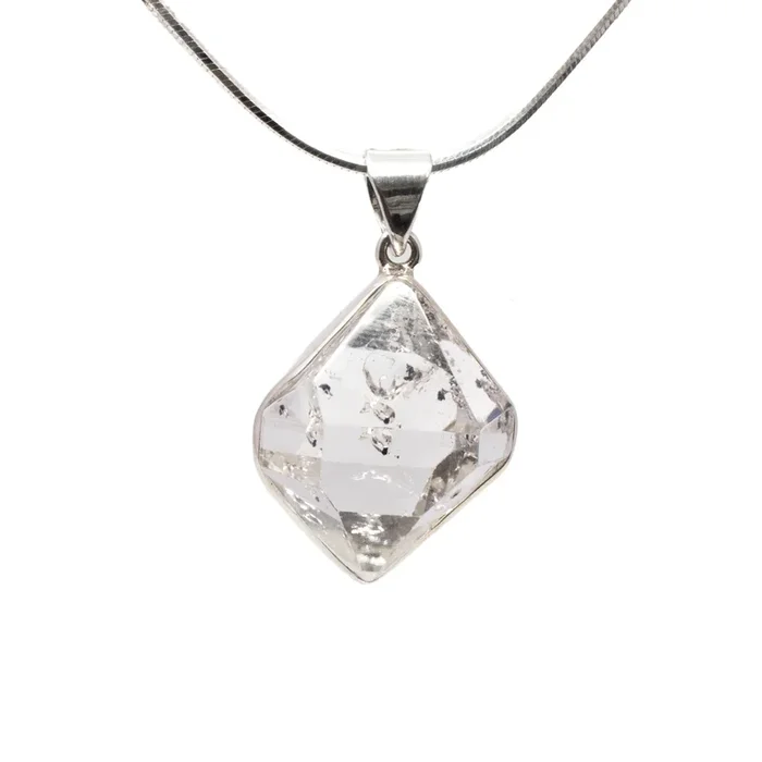 Herkimer Diamond Pendant – Wide Faceted Freeform Set in 925 Sterling Silver Bezel
