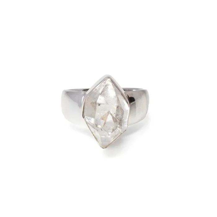 Herkimer Diamond Ring – Cambered Faceted Freeform Set in 925 Sterling Silver Bezel sz7.5