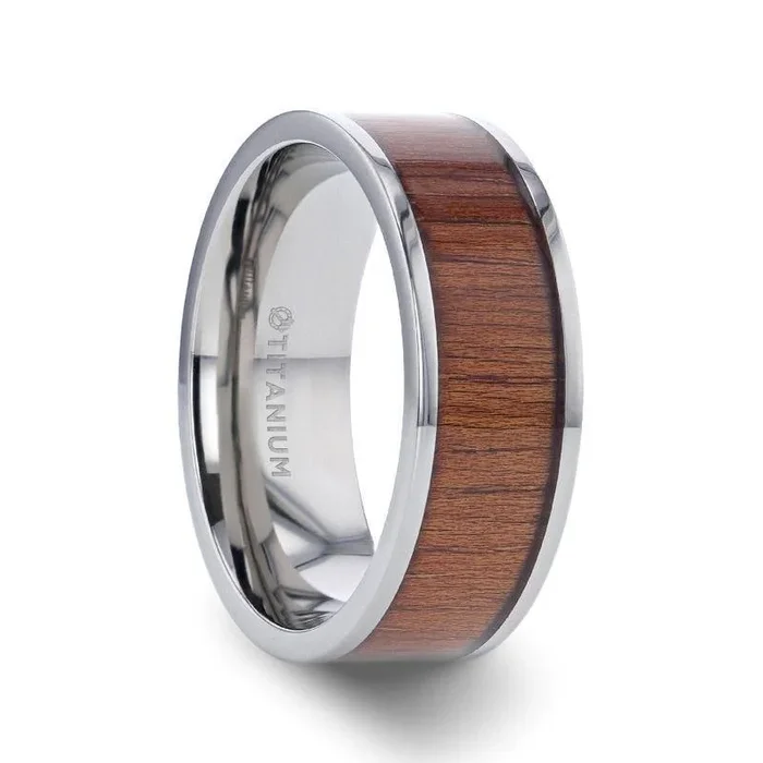 HONUA Flat Titanium Wedding Band with Rare Koa Wood Inlay and Polished Edges – 8mm
