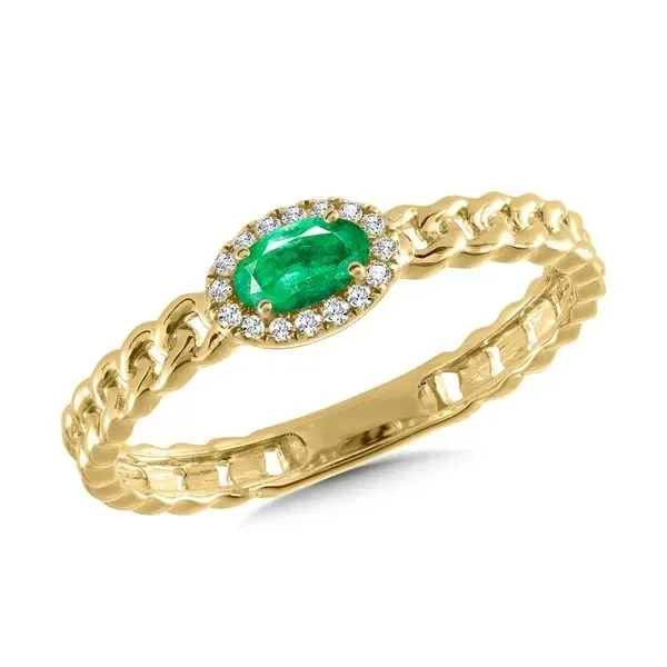 Horizontal Oval-Cut Emerald & Curb Chain-Link Diamond Halo Ring