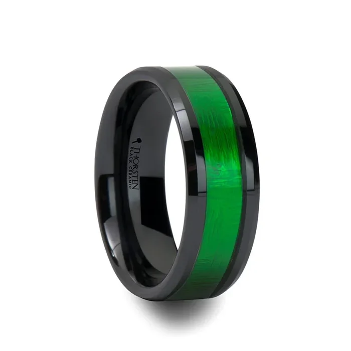 IRVING Beveled Black Ceramic Ring with Textured Green Inlay – 8mm