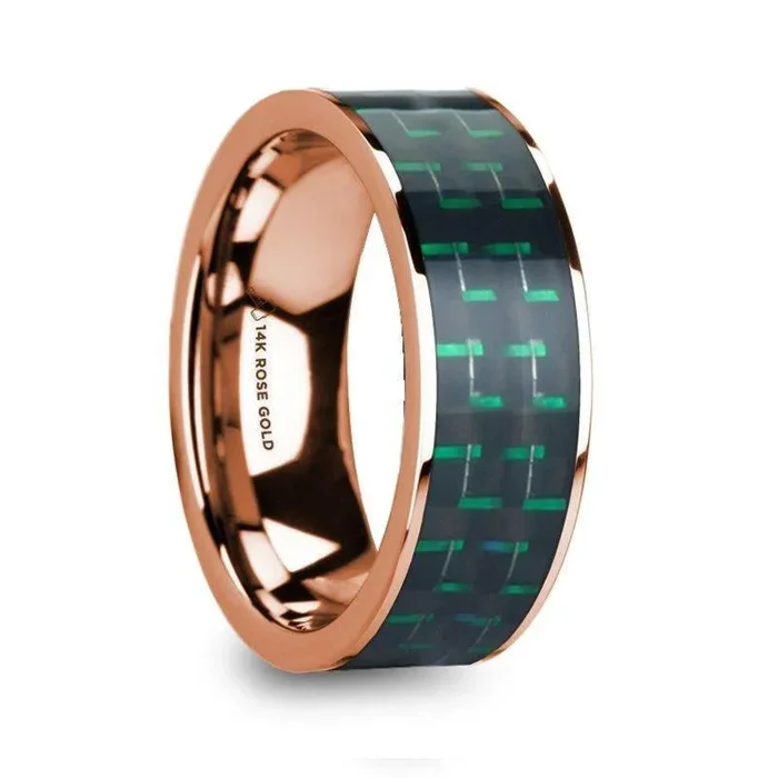 ISADORIOS Men’s Polished 14k Rose Gold Flat Ring with Black & Green Carbon Fiber Inlay – 8mm