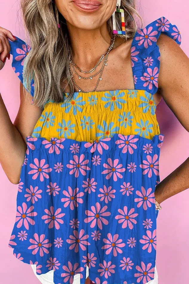 Island Oasis Blue Floral Flutter Sleeve Top