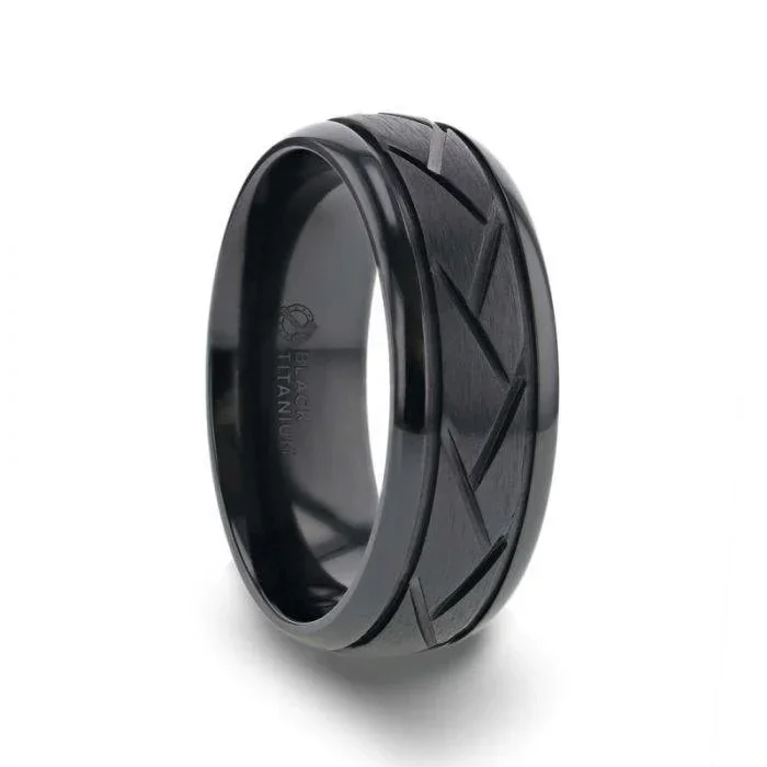 JAX Domed Black Titanium Ring with Brushed Cross Alternating Diagonal Cuts Pattern – 8mm