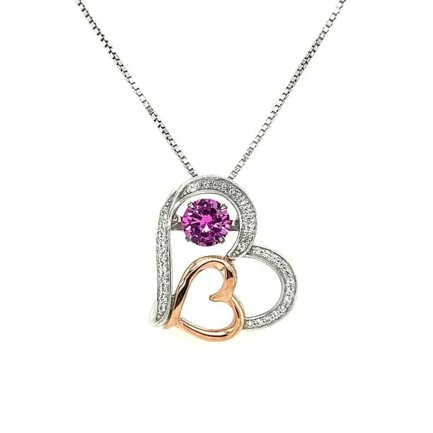 JewelStop 10K Yellow Gold and 925 Sterling Silver Created Pink and White Sapphire Two Heart Shape Pendant Necklace For Women, Lobster Clasp (12 x 24 x 6 MM With 18″ Box Chain)