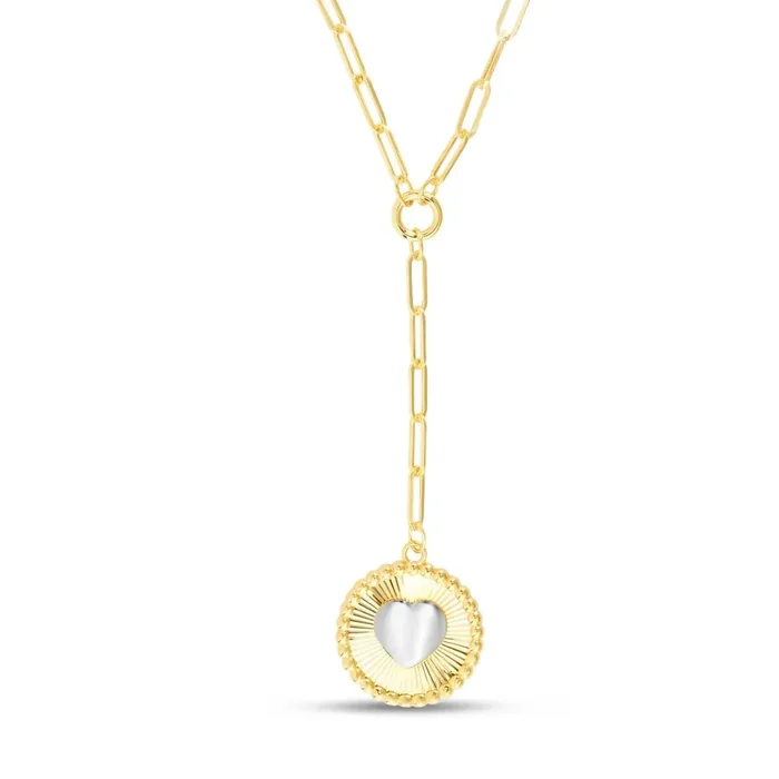 JewelStop 14K Yellow Gold Diamond Cut/Textured Finish Heart Two-tone Medallion Necklace on Paperclip Chain with Lobster Clasp – 18″
