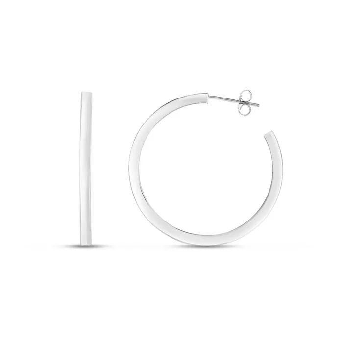 JewelStop Sterling Silver Polished Finish 40mm Square Tube C Hoop Earrings with Push Back closure.