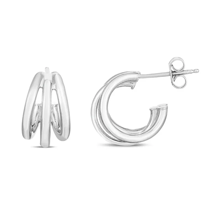 JewelStop Sterling Silver Polished Finish Triple Row Hoop Earrings with Push Back closure.