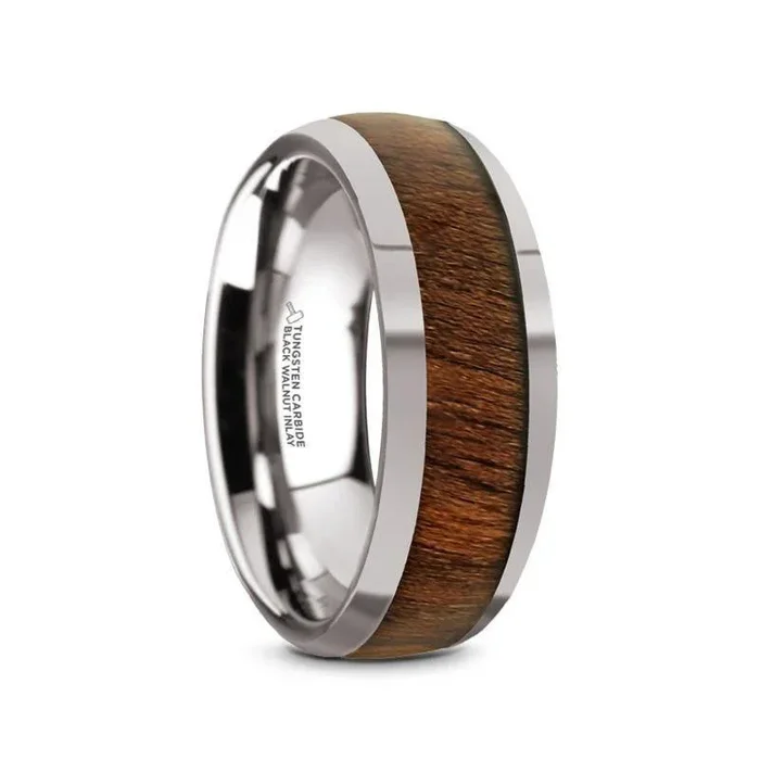 JUGLAN Tungsten Carbide Polished Finish Men’s Domed Wedding Ring with Exotic Black Walnut Wood Inlay – 8mm