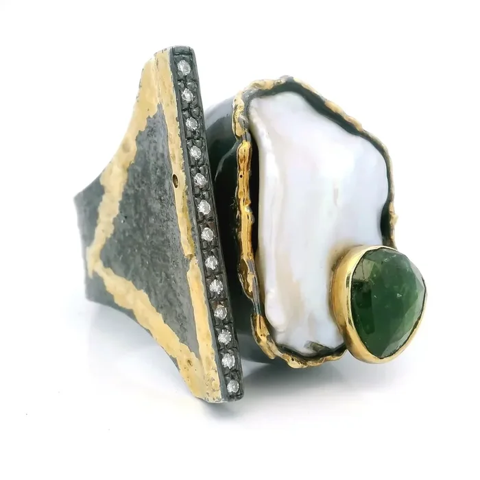 Keshi Pearl Ring – Keshi pearl & Faceted Green Tourmaline on Open Band with Single Row Pave Diamonds & Dripped Gold Triangular Accent Bezel Set in 925 Sterling Silver sz9.5