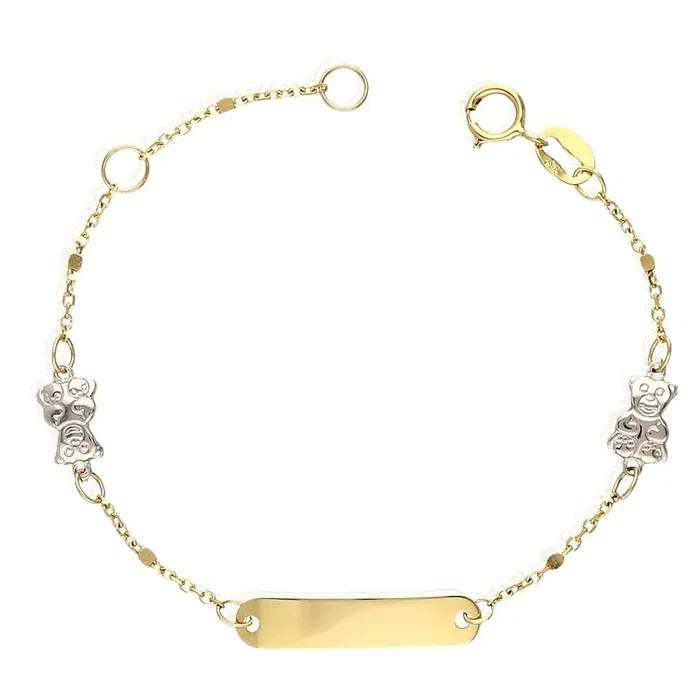 Kid’s 14k Two-Tone Gold Cable Teddy Bear Charm Baby ID Bracelet 4.5″-5.25″