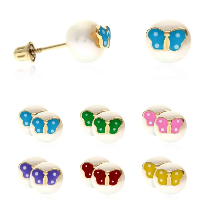 Kid’s 14K Yellow Gold Enameled Butterfly On White Pearl Screw Back Stud Earrings
