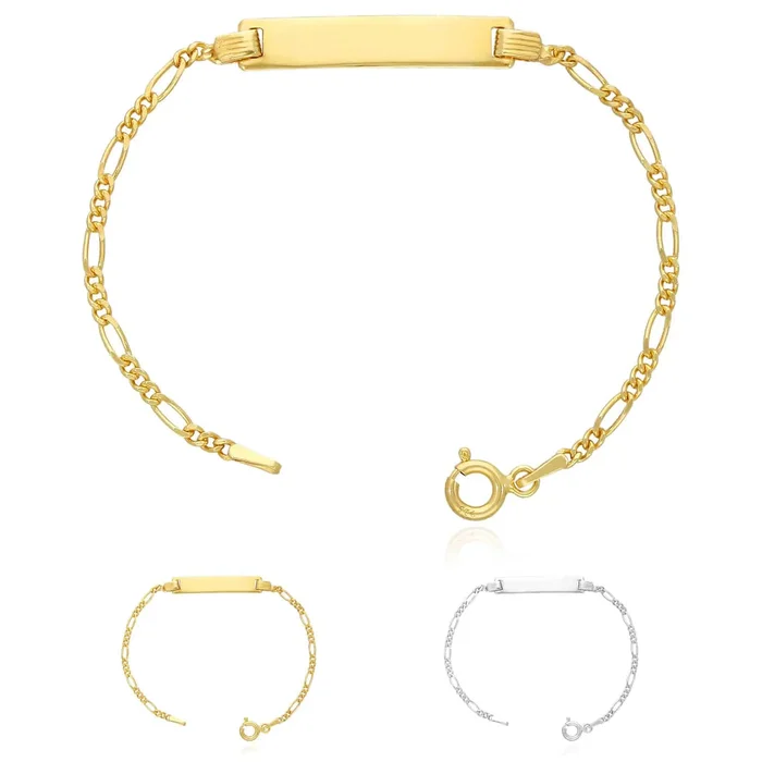 Kid’s Solid 14K Yellow White Gold Over Sterling Silver Figaro ID Bar Bracelet 6″