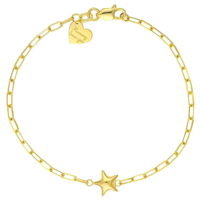 Kids 14K Real Gold Star “Mommy loves you” Heart Charm Paperclip Bracelet 6″