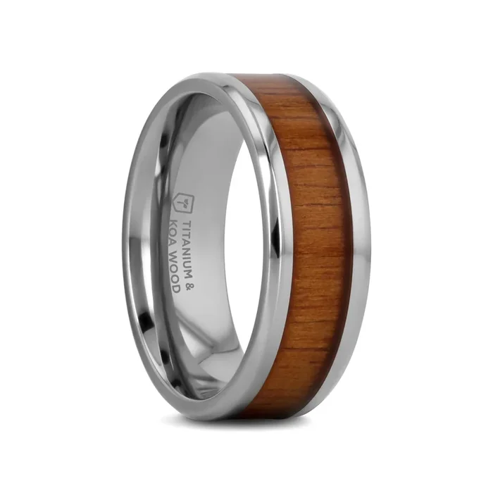KOAN Titanium Polished Finish Koa Wood Inlaid Men’s Wedding Ring with Beveled Edges – 6mm & 8mm