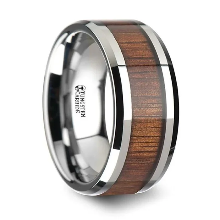 KONA Koa Wood Inlaid Tungsten Carbide Ring with Bevels – 10mm