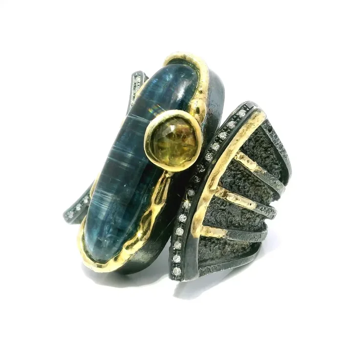 Kyanite Ring – Long Oval Cabochon & Faceted Golden Tourmaline Round Between 2 Curved Lines of Single Row Pave Diamonds with Dripped Gold Accents Bezel Set in 925 Sterling Silver sz9.5