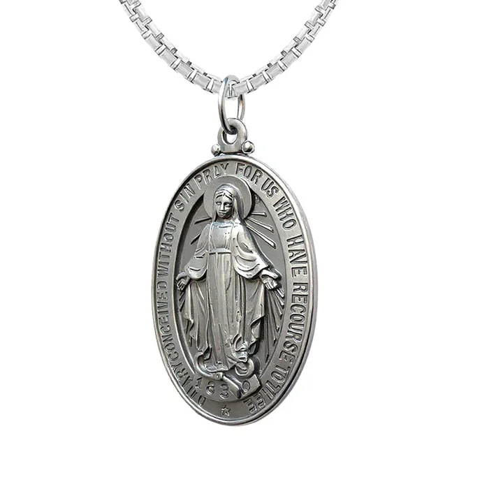 Ladies 925 Sterling Silver Large Miraculous Virgin Mary High Antique Pendant Necklace, 28mm
