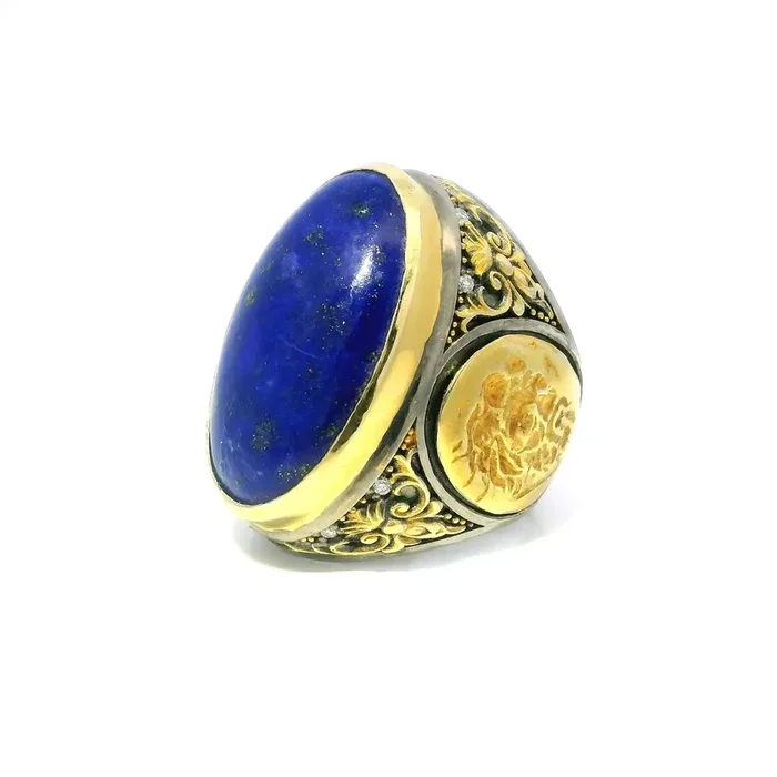 Lapis Lazuli Ring – Oval Cabochon & 8 Diamonds with Gold Side Bearded Man Coin & Floral Details Bezel Set in 925 Sterling Silver sz9