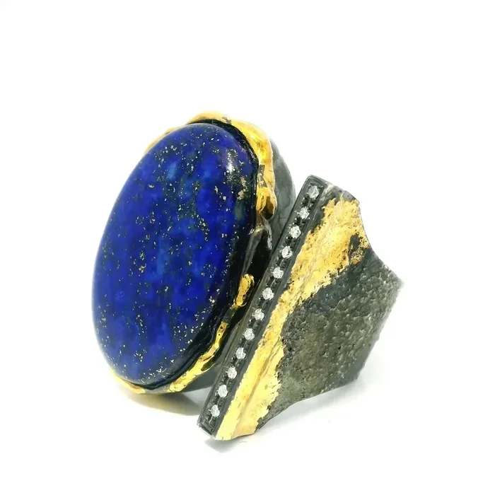 Lapis Lazuli Ring – Oval Cabochon on Open Band with Single Row Pave Diamonds & Dripped Gold Accents Bezel Set in 925 Sterling Silver sz7