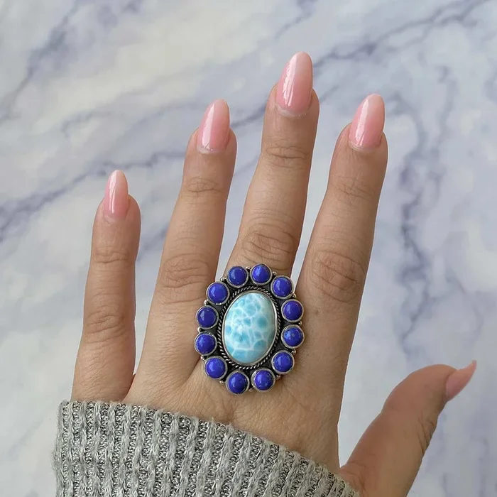 Larimar Lapis Lazuli Adjustable Ring-(LAR-FLR-18.)